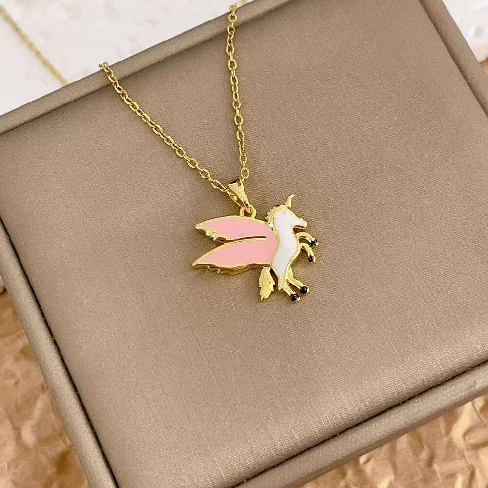 Fashion Cartoon Cute Unicorn Pegasus Style Necklace Personality Seven-Color Oil Drop Pendant Decoration 6Fb