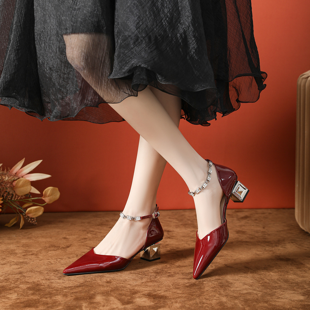Spring Summer New Patent Leather Irregular Heel Red High Heels One-Strap Metal Pointed Toe Non-Slip Hollow Sandals for Women ddmysaturn