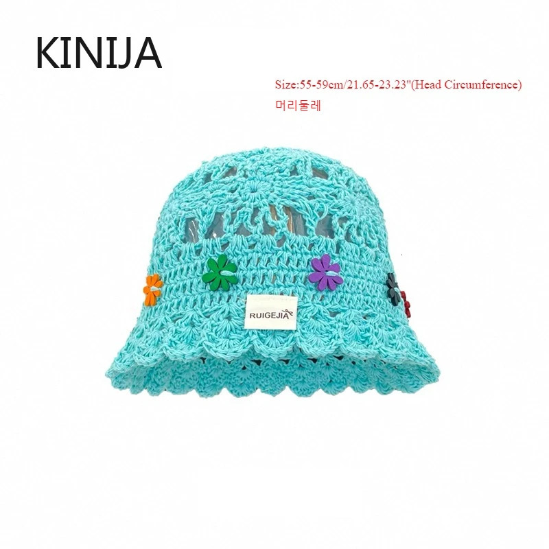 Korean Handmake Bucket Hat Flower Decoration Knitted Hollow Basin Hat Womens Summer Thin Breathable Sunshade Sun Cap Gorras 250715