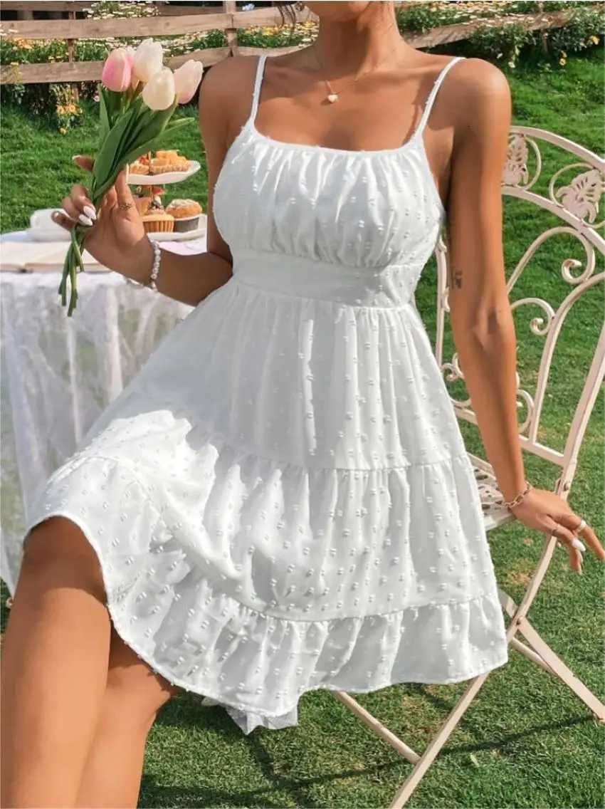 Summer Womens Sexy Waist-Cinching Ruffled Plain Color Sleeveless Camisole Dress R250716