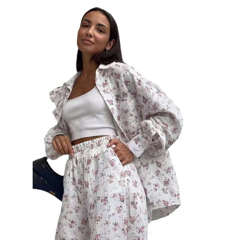 Cotton Gauze Summer Ruffle Design Heart Strawberry Print Shirt Shorts Set B5
