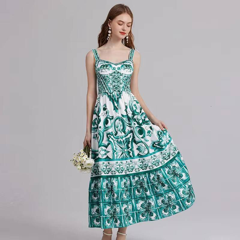 Summer French Vintage Long High-Waisted Elegant Socialite Style A- Line Ceramic Printing Waist-Length Dress dongdumaoyi