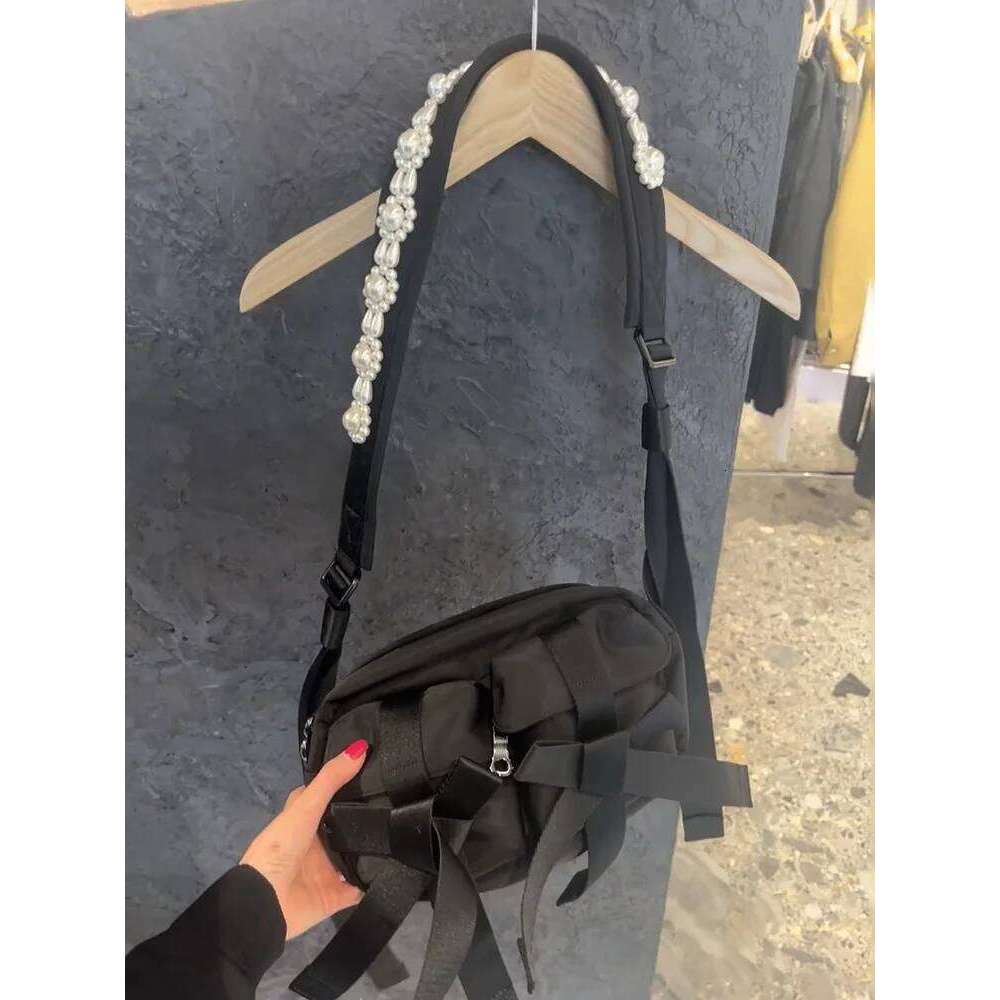 FIRMRANCH Pearl Bead Braided Flower Strap Bow Design Canvas Square Single Shoulder Oblique Straddle Bag For Woman Purse
