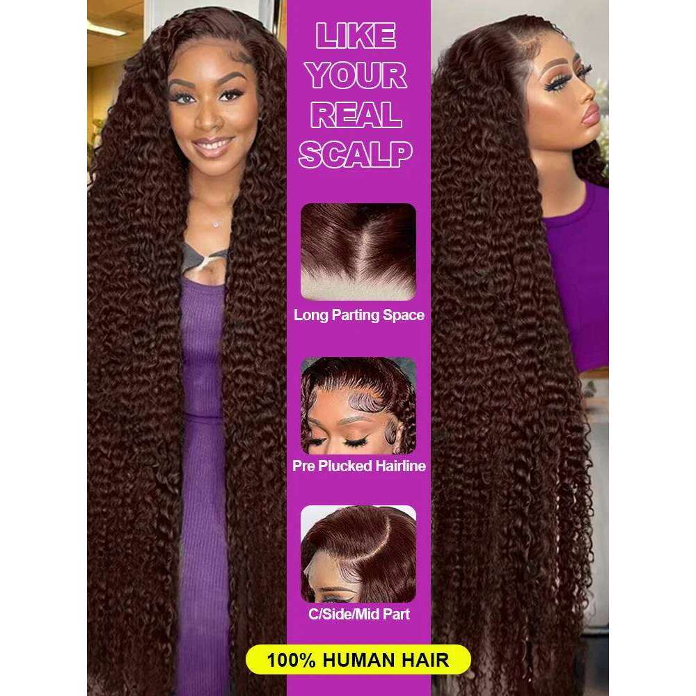 300 Density Chocolate Brown Deep Wave Front Human Hair 40Inch Color Hd Lace Frontal Wig For Women 13x6 Water Curly Wigs