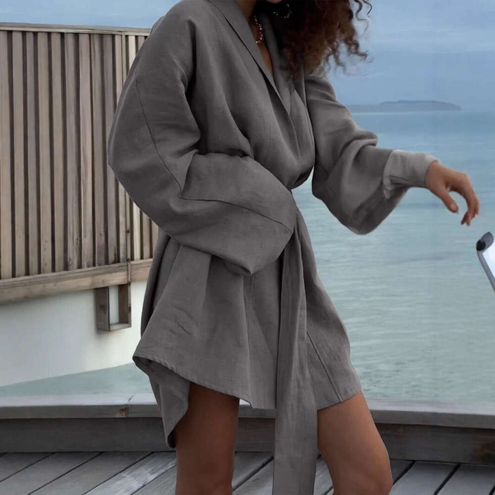 Cotton Linen Robe For Women Spring Summer New Tie Casual Comfortable Beach Dress B5