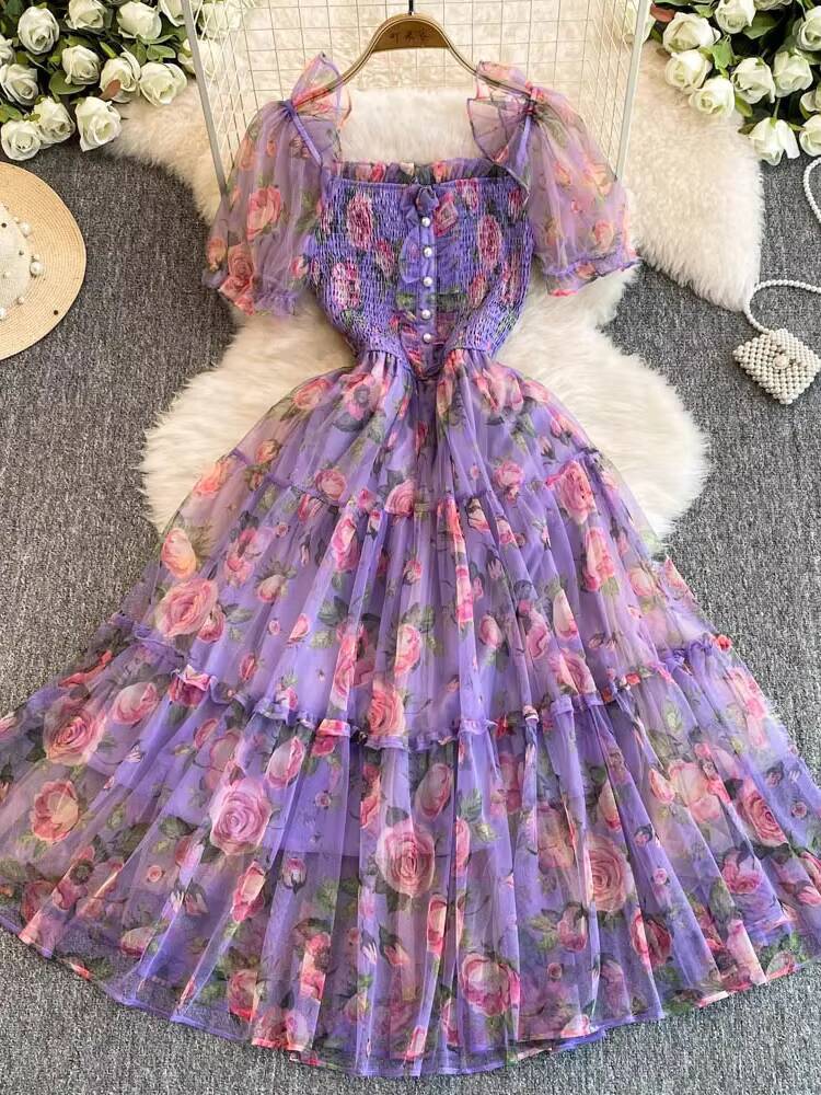 Summer Women Floral Mesh Midi Dress Sweet Square Collar Short Puff Sleeve Ruffle Vestidos Female Elegant Purple/Green/Red Robe dongdumaoyi