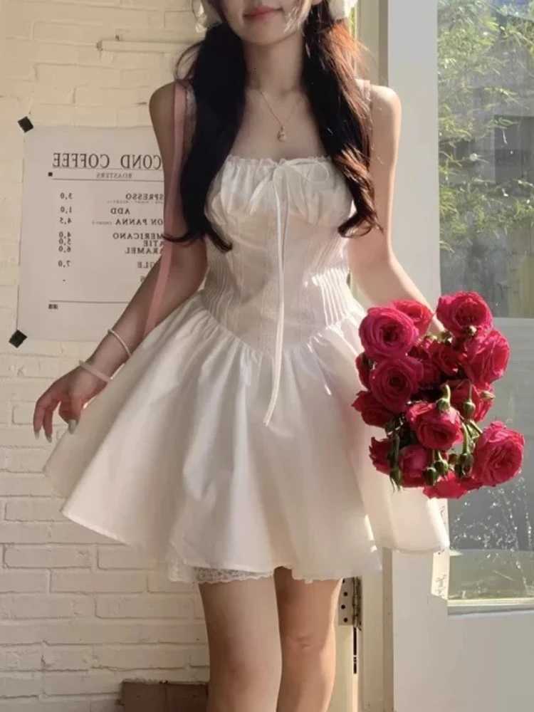 French Elegant Lace Stitching Sweet White Dress Women Summer Aesthetic Slim Kawaii Dresses New Fashion Casual Fluffy Outfit 2025 R250716