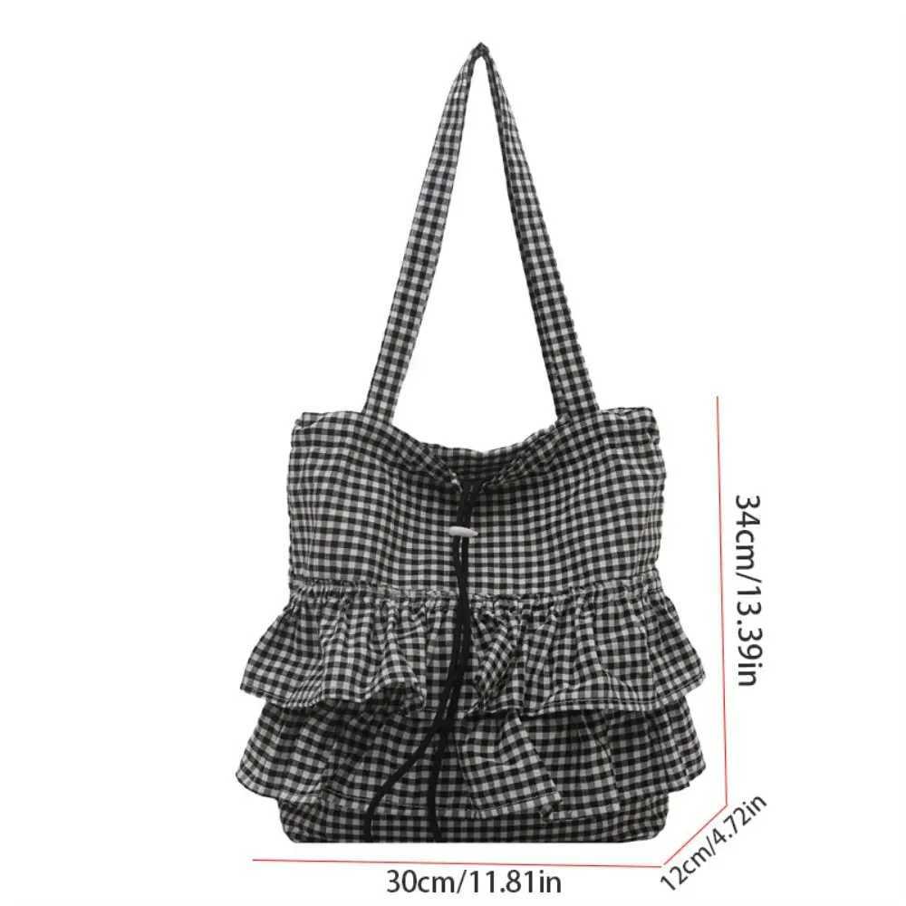 All-match Korean Style Lotus Leaf Shoulder Bag Large Capacity Bag Cloth Cute Plaid Tote Bag Storage Bag