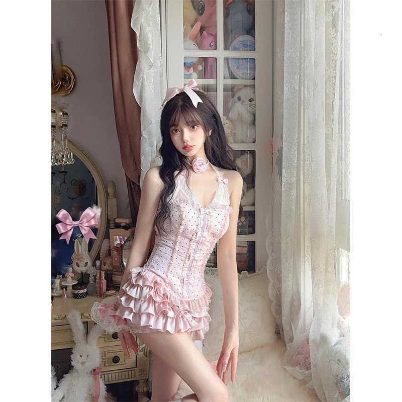 Mekst Lolita Pink 2 Piece Sets Women Outfit Japanese Kawaii Bow Lace Halter Crop Tops Summer Y2K Cute Fashion Ruffles Mini Skirt R250716