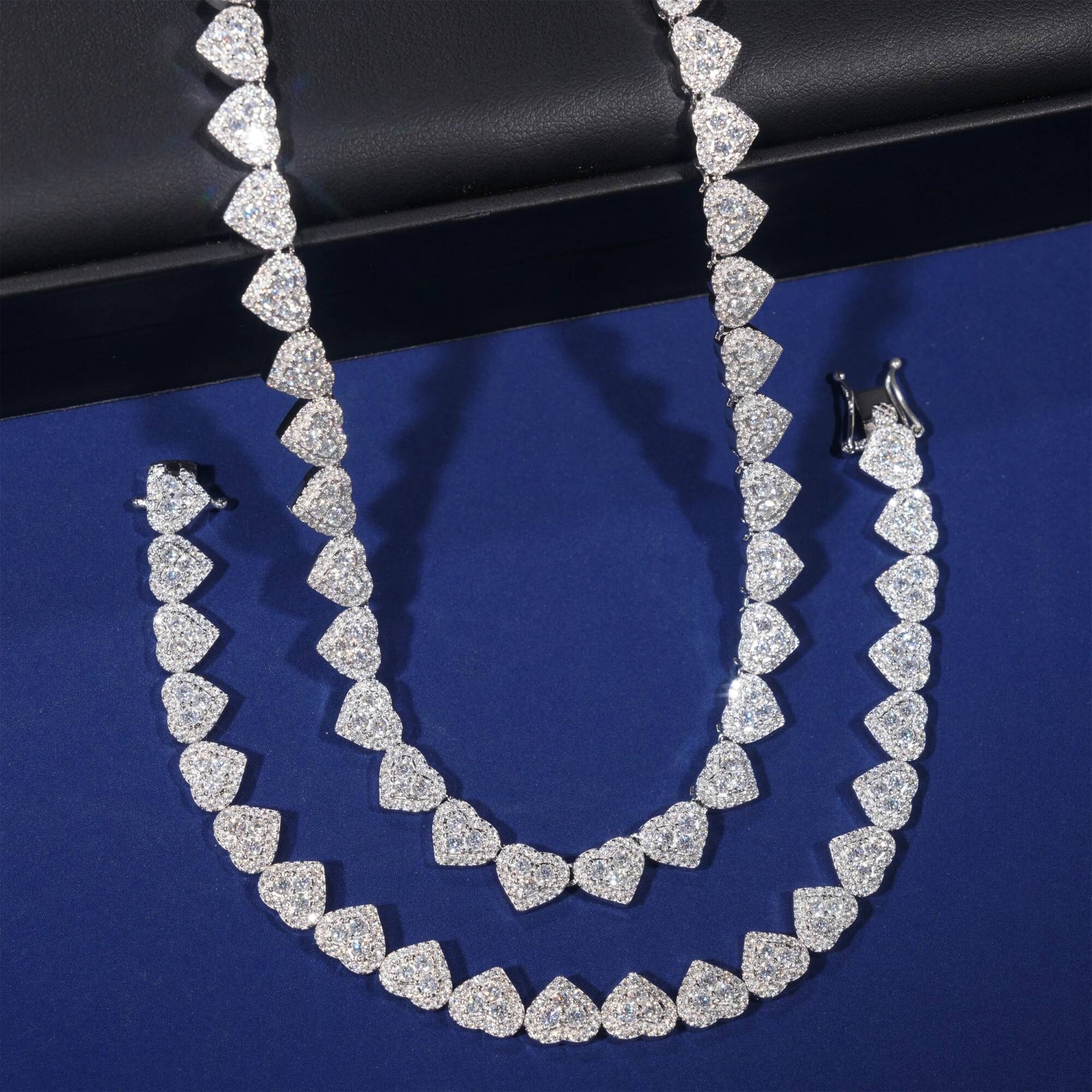 Hip Hop Rock 100% 925 Sterling Silver Heart Cut Double Row Moissanite 8mm Cuban Chain Necklaces Bracelet Fine Jewelry