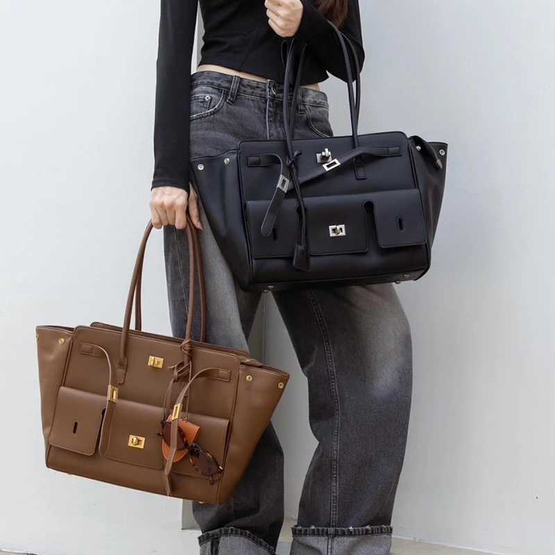 Luxury Large Capacity Wing Bag Black Brand High Quality Leather Suede Gold Lock Tote Bag Trendy Ro Exquisite Shoulder Bag
