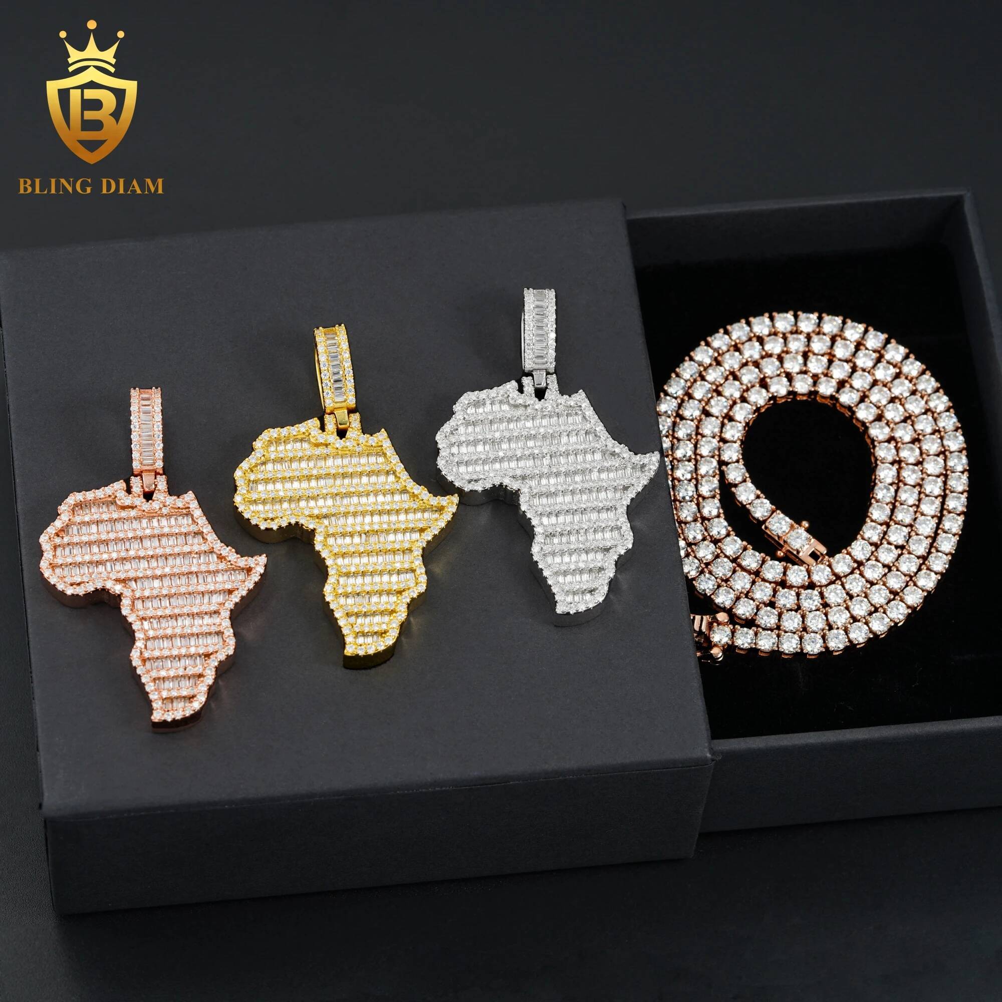 Hip-hop Iced Moissanite Africa Map Pendant Women Men S925 Silver D Color VVS Moissanite Diamond Pendant Tennis Chain Pass Tester
