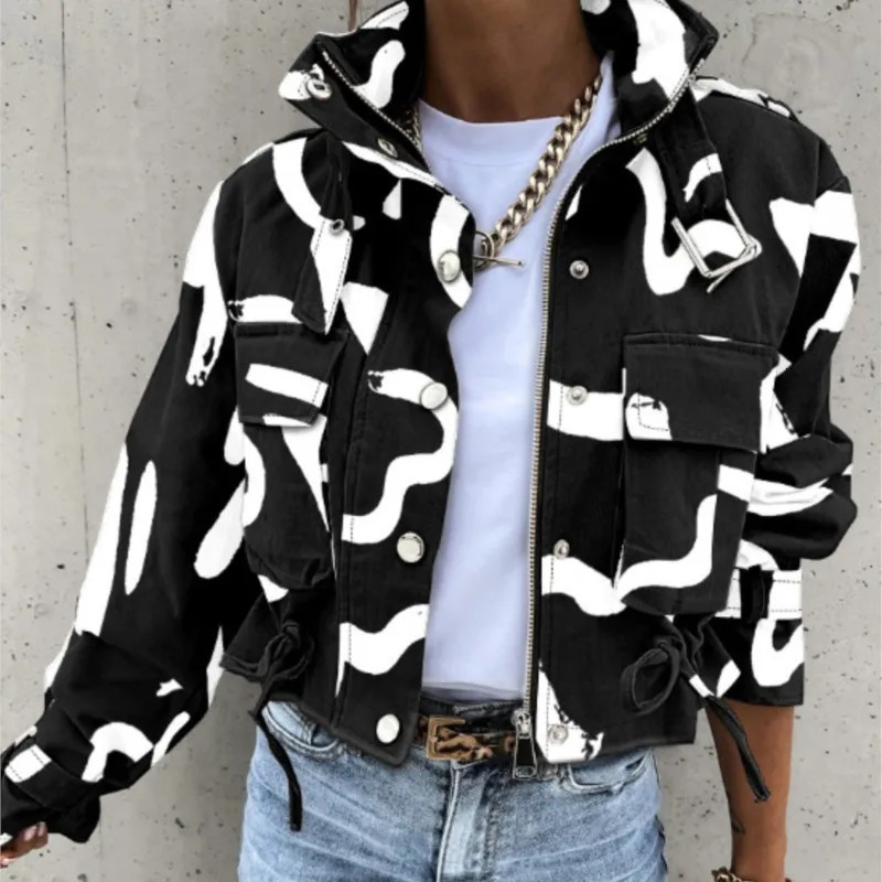 Autumn Winter Print Casual Jacket For Women Short Coats Long Sleeve Pockets Fashion Jackets Y2k High Street Style Coat Female 250715