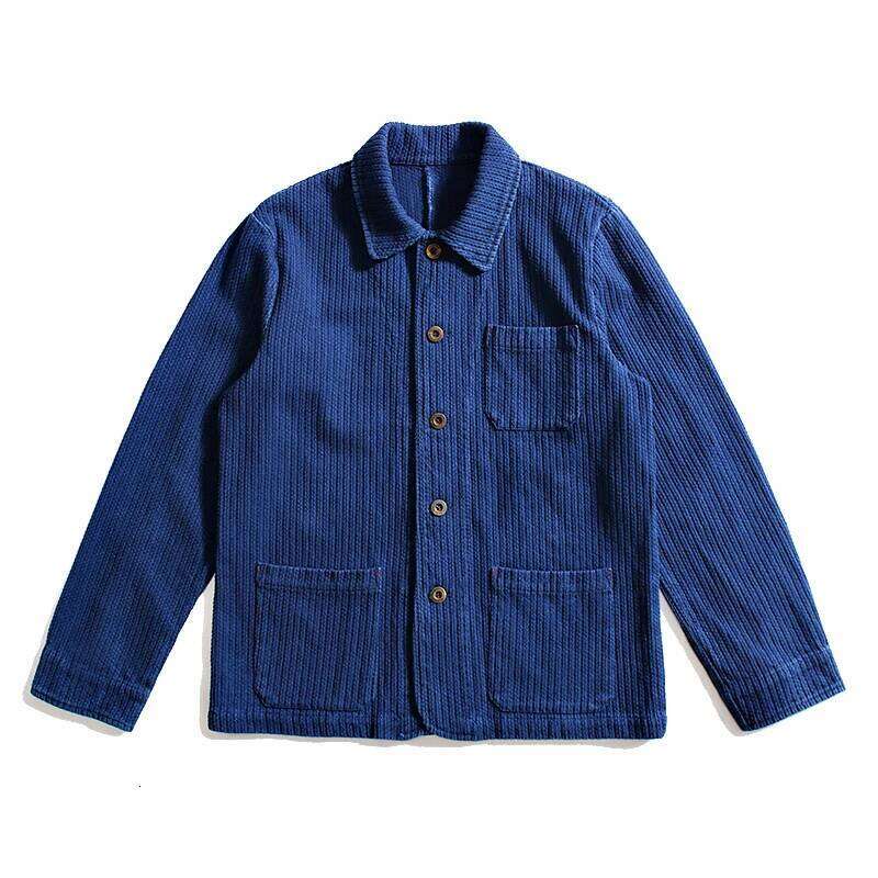Indigo Cargo Men Vintage Heavy Weight Cotton Blue Dyed Workwear Tooling Jacket French Retro Multi-Pocket Cardigan Coat