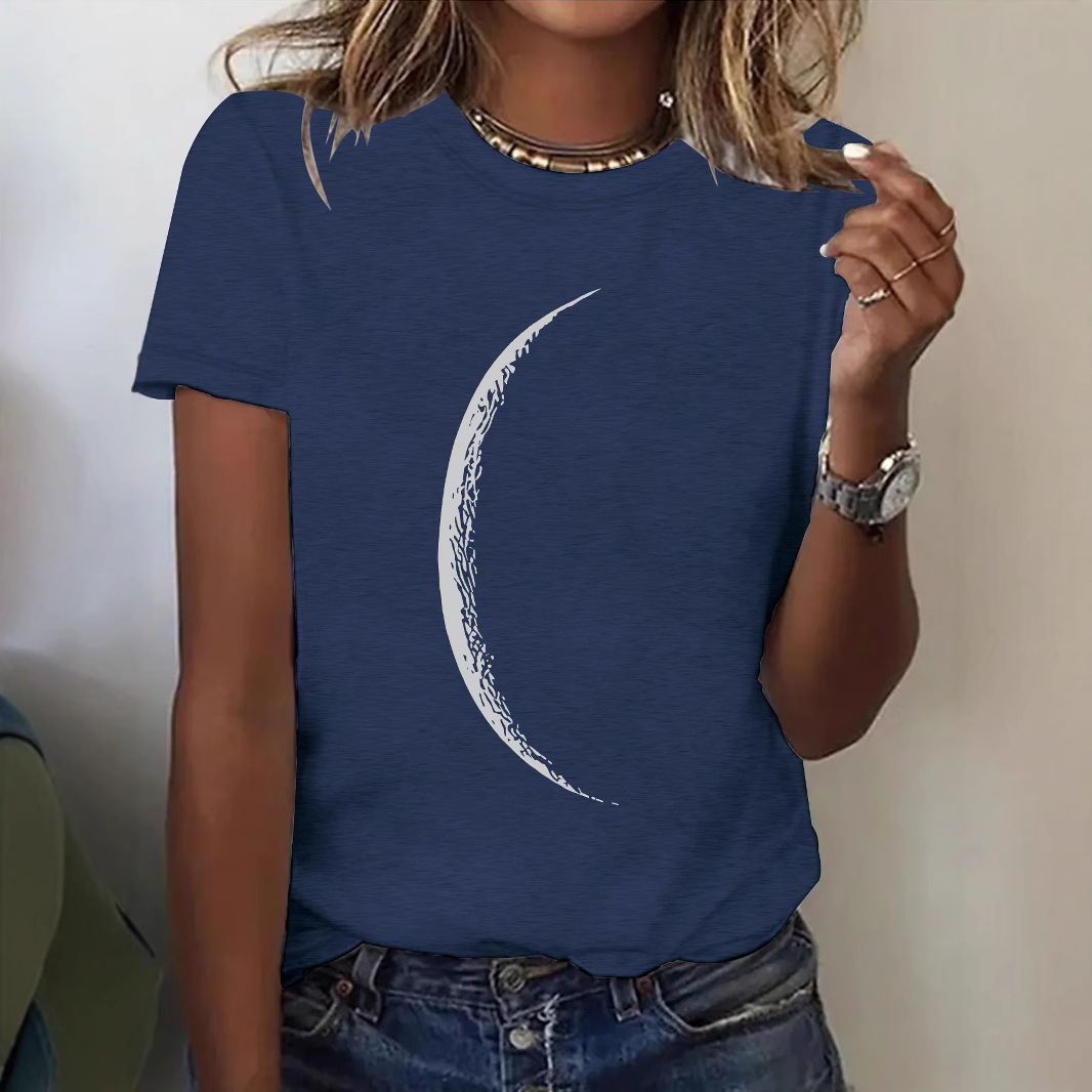 Round Neck Top Women Summer High-end Moon Pattern Print T-shirt Loose Short Sleeve