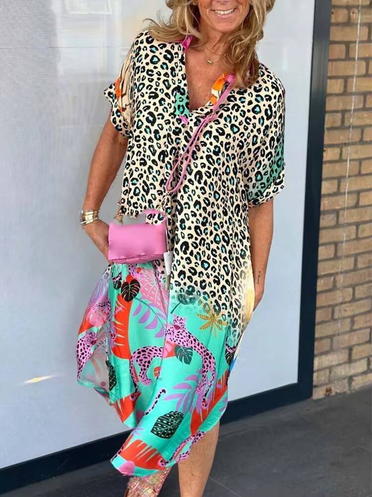 Summer New Womens V-neck Printed Loose Dress Fashion Elegant Holiday Casual Dresses Female Beach Party Vestidos dongdumaoyi