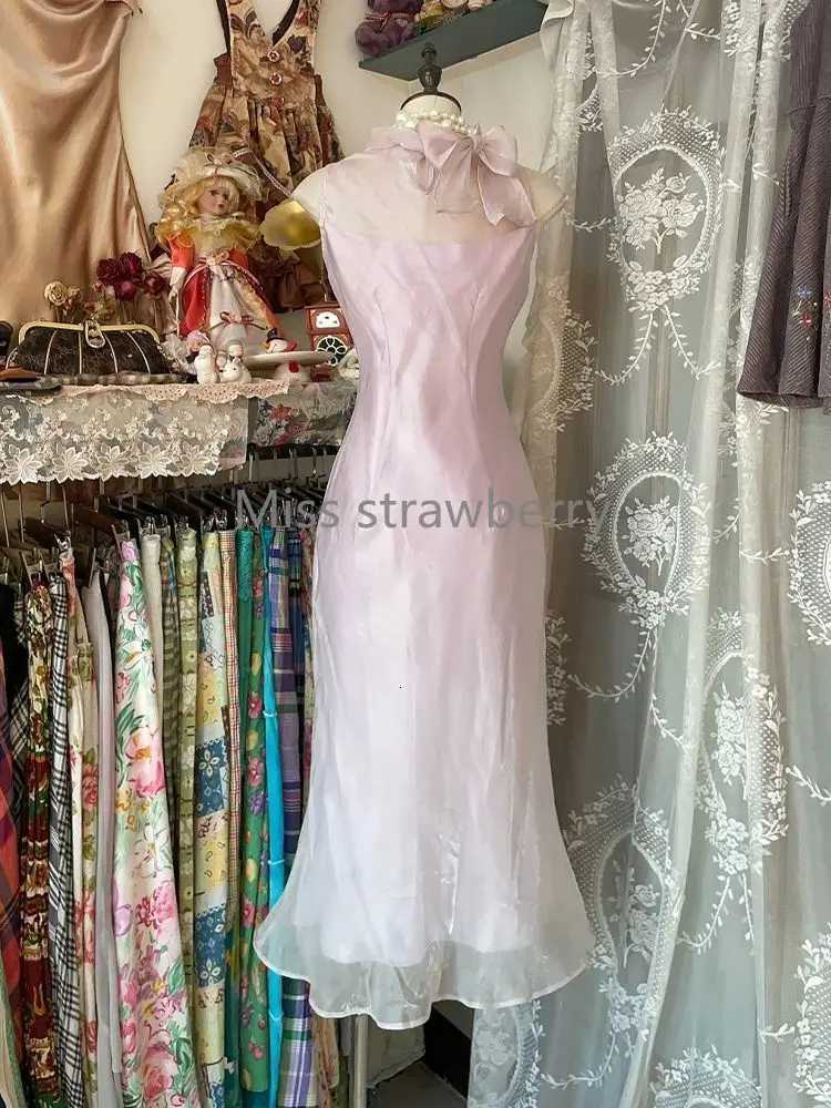 France Vintage Elegant Skinny Sleeveless Dress Women Design Sweet Pink Slim Dresses Female Retro Chic Fairy Thin Clothing New R250716