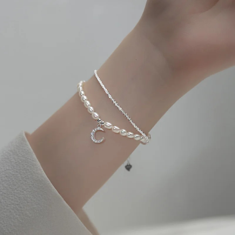 TrustDavis 925 Sterling Silver Double Layer Freshwater Pearl Moon Chain Bracelet for Women Valentines Day Jewelry DA2493 250712