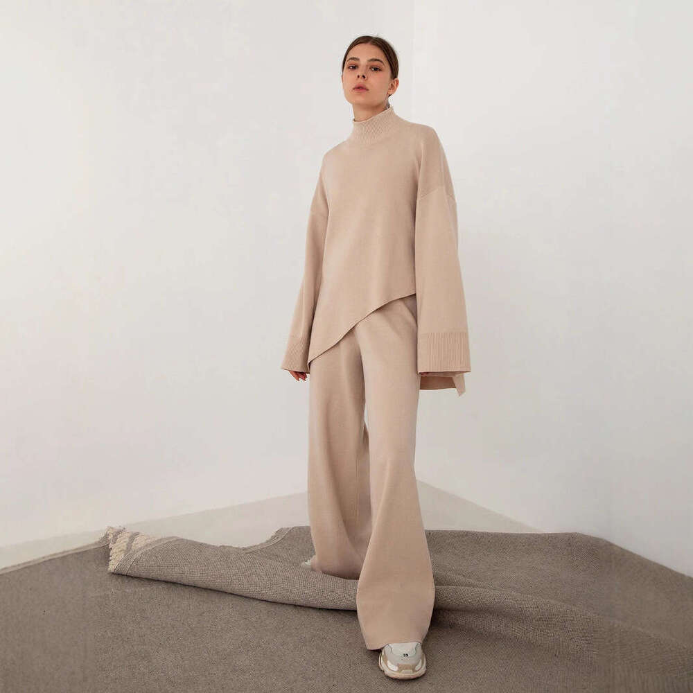 Half Turtleneck Ins Irregular Slanted Sweater + Knitted Wide-Leg Pants Two-Piece Set B5