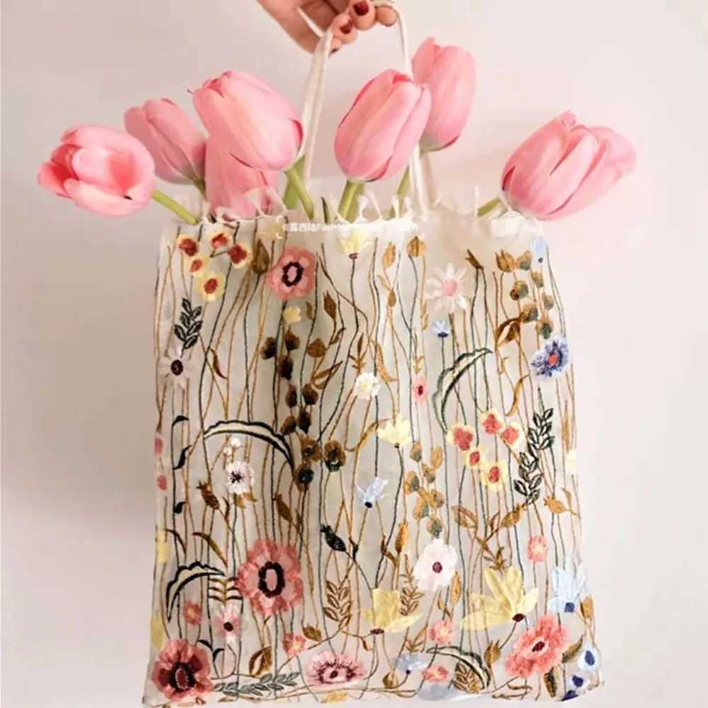 Simple Camellia Flower Embroidery Cloth Bag Lace Tote Bag Canvas Shoulder Bag Handbag Grocery Handbags Ethnic Style Bag Women