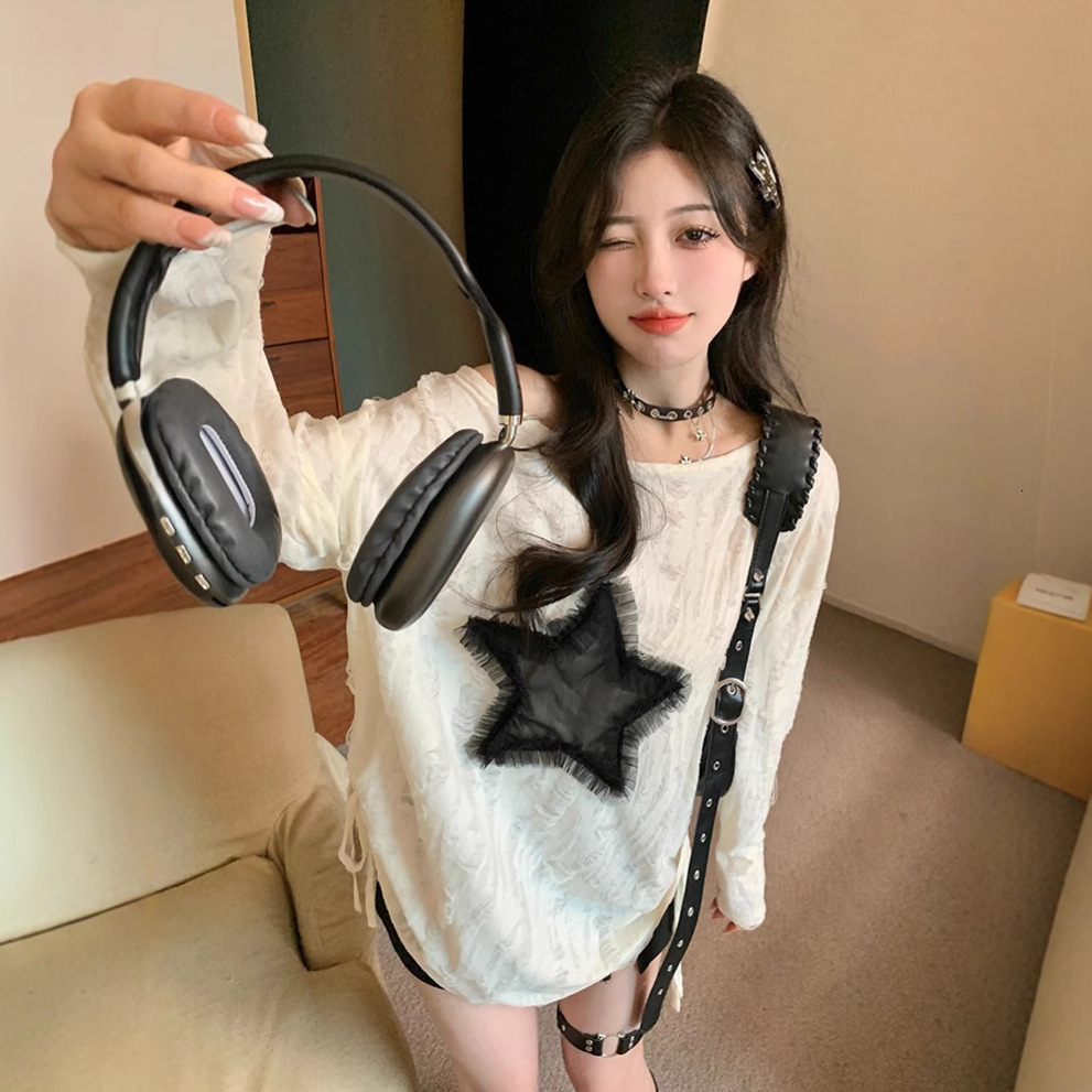 Summer New Women S T Shirt Spicy Girl Lazy Ripped Off Shoulder Long Sleeve T Shirt Women S Autumn Star Design Loose Drawstring Mid Length Top New Desi