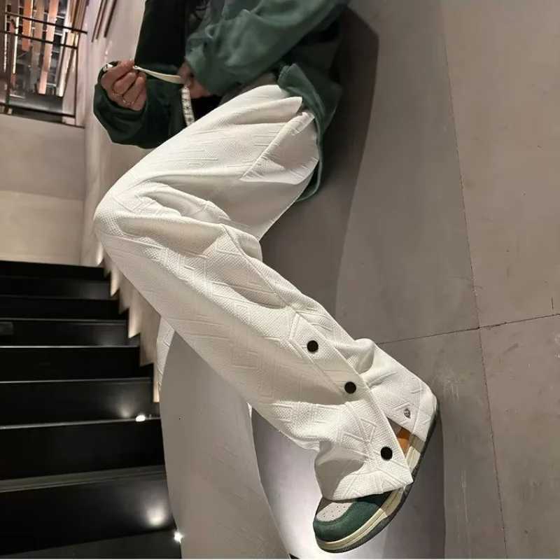 igh Street Vintage Casual Buckle Side Split Loose Wide Leg Pants Mens Solid Elastic Waist Drawstring Pockets Straight Trousers y250716