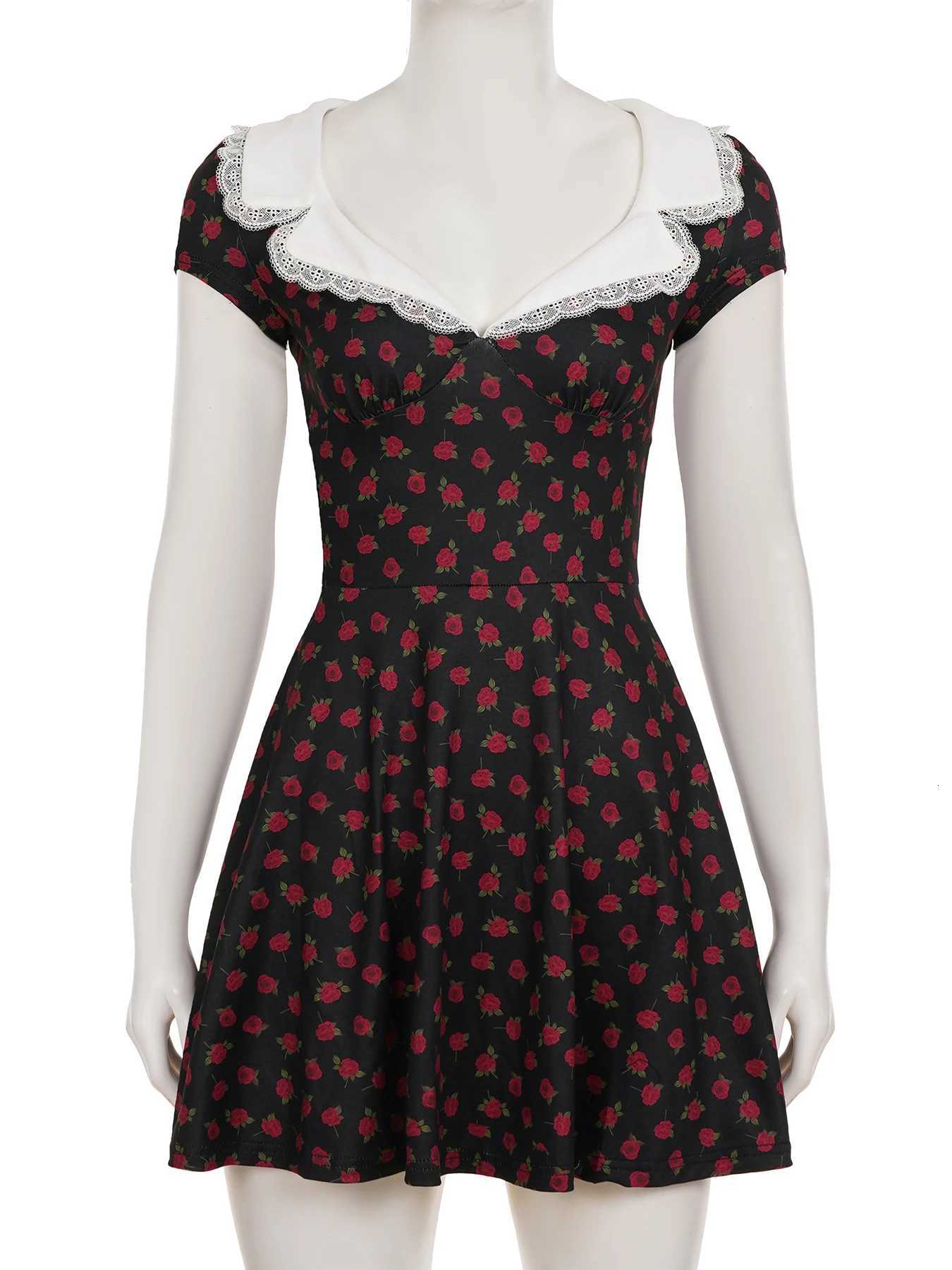 1Masure Prairie Chic Slim Lace Trim Rose Dress Sexy Sweet Deep V-Neck Turn-Down Collar Short Sleeve Mini Dresses for Women 2025 R250716