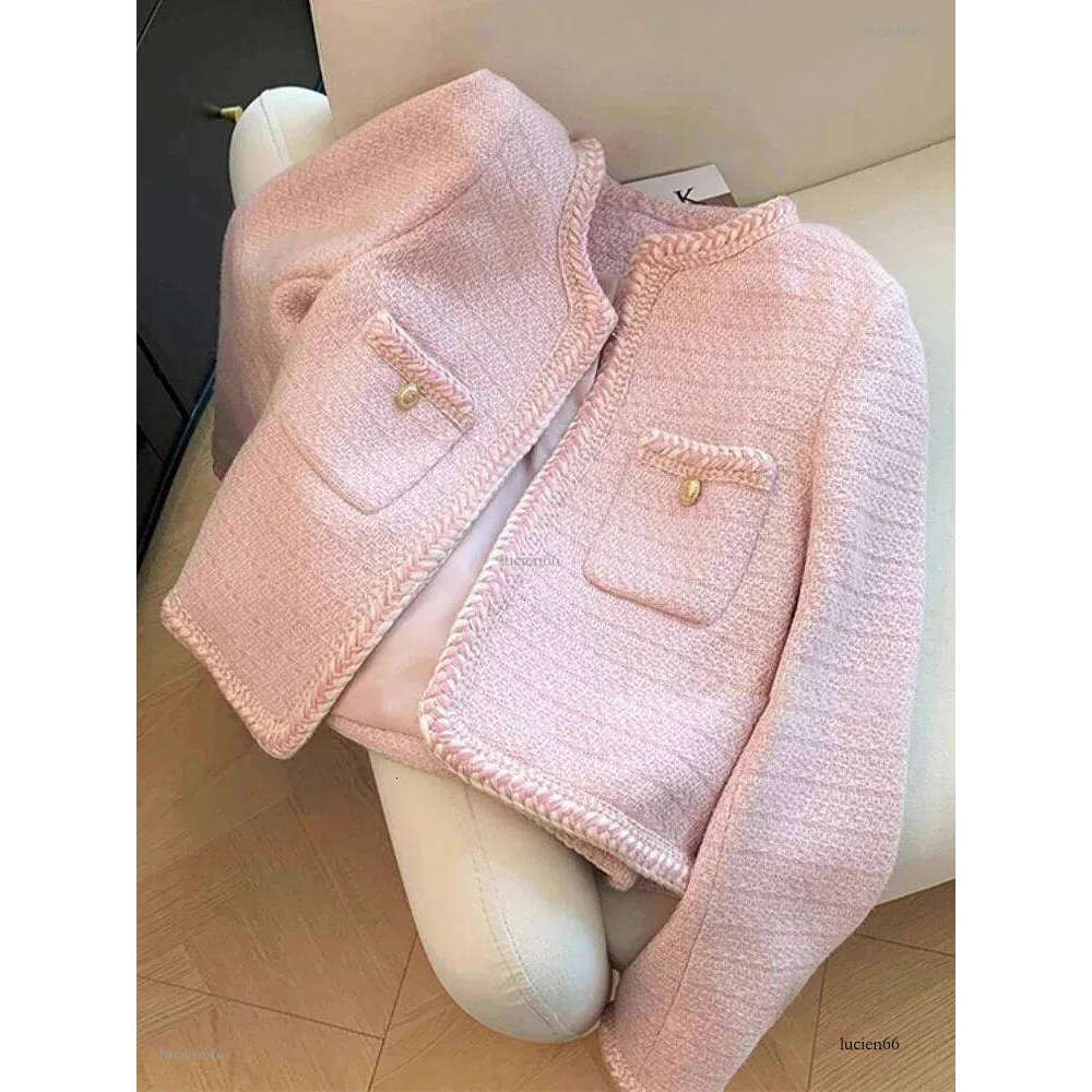 Korean fashion O-neck short jacket for autumn and winter pink sweet coarse tweed jacket 241126