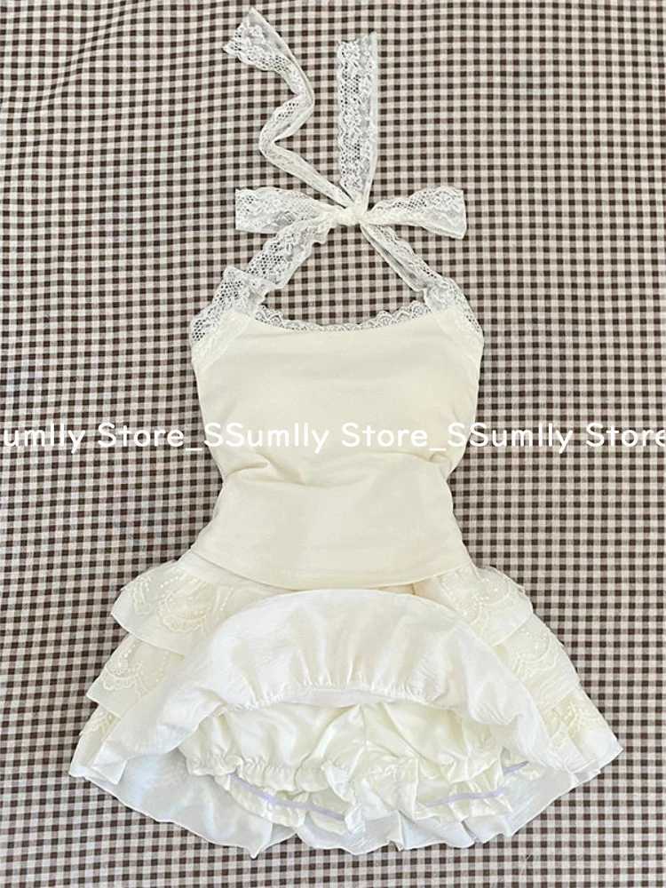 2025 Korean New Sexy Lace Design Skirt Suit Women Fairy Sweet Camisole + Puff Cake Skirt Sets Spring Ins Casual Two-Piece Set R250716