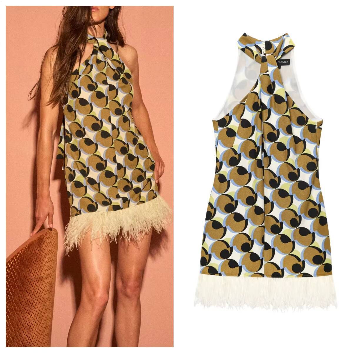 European and American style 2025 summer new geometric print temperament slim dress dongdumaoyi