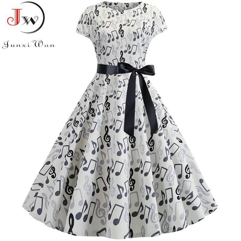 Women Summer Music Note Print Dress 50s 60s Robe Retro Swing Casual Vintage Party Dresses Vestidos dongdumaoyi