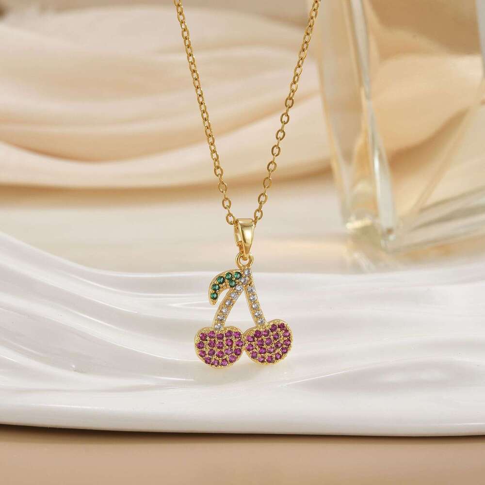 New Trendy Fashion Internet Celebrity Titanium Steel Necklace For Women Christmas Personality Cherry Collarbone Chain Niche Light Elegant Pendant 121