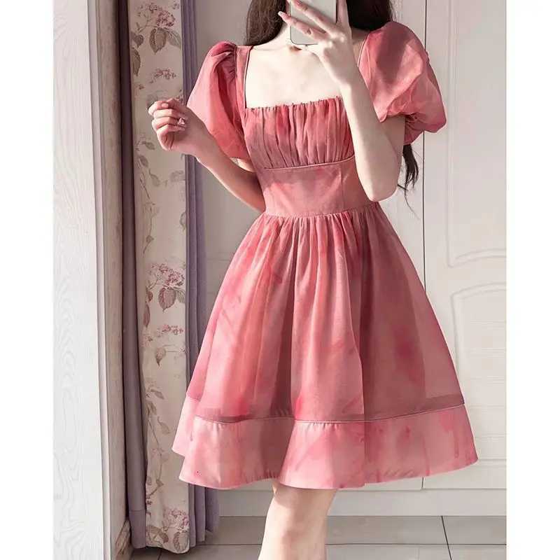 Square Neck Puff Sleeve Waist Dress for Womens Summer New Style Petite Slimming Tea Party Princess Short Dress R250716