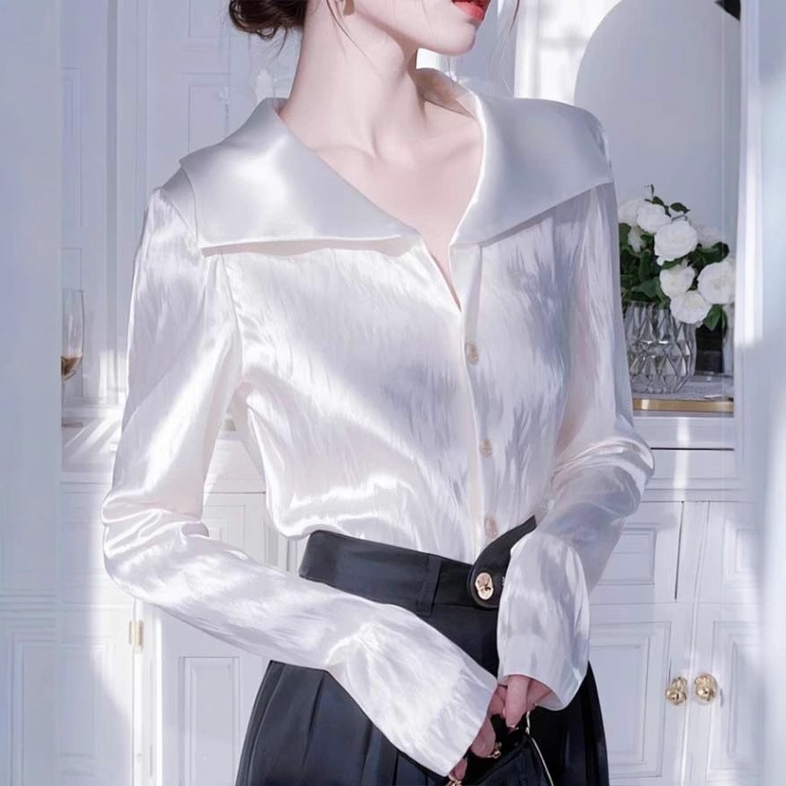Western style white long sleeved satin shirt for women, 2025 early spring new style unique and chic French professional shirt