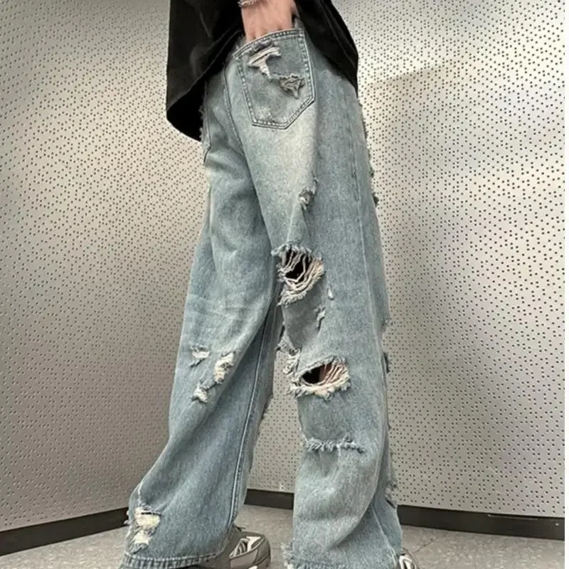 Vintage Distressed Straight-leg Jeans American Style Slimming Bell Bottoms Loose Fit High-waisted Summer Thin Version For Men 250716
