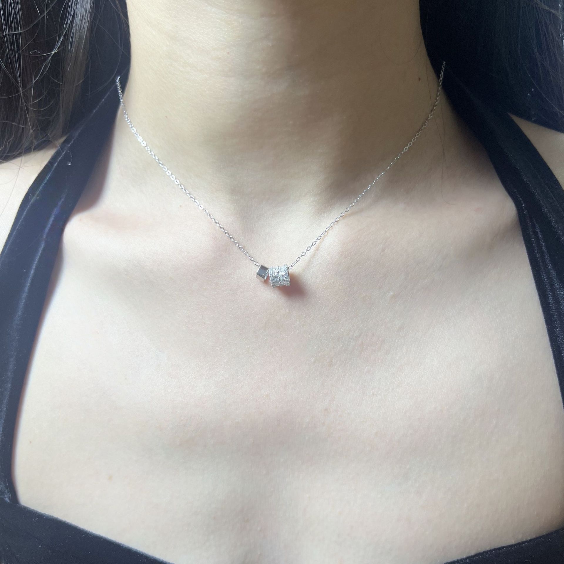 Silver - Toned Dual Cylinder Pendant Necklace With Rhinestone - Encrusted And Polished Accents Elegant Daily And Special Occasions Gift For Her ashion