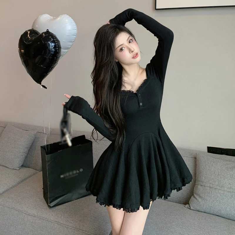 Sexy Korean Dress French Style Closed Waist Long Sleeve Collarbone Exposed Sweet R250716