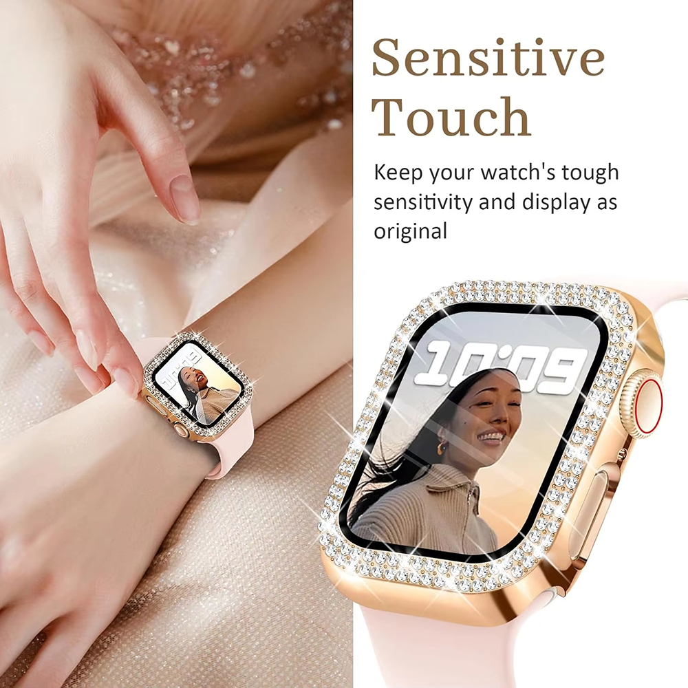 Dia Cover Built-in Tempered Glass Apple Watch 8 Case 45mm 41mm Bling Protective Bumper for iWatch Series 7