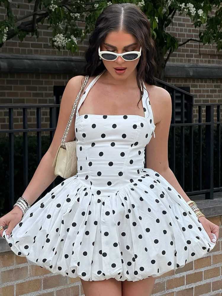 100% Cotton Polka Dot Vacation Mini Dress For Women High Waist A-line Ball Gown Dress Sleeveless Halter Neck Female Summer Fashion R250716