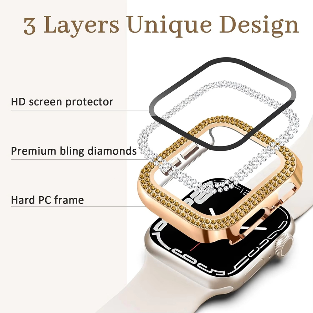 Dia Cover Built-in Tempered Glass Apple Watch 8 Case 45mm 41mm Bling Protective Bumper for iWatch Series 7