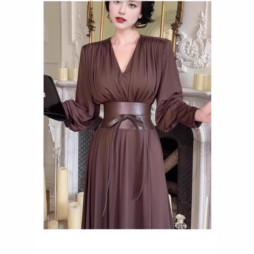 2025 European and American Style Women's New French Retro Design V-Neck Waist-Cinching Long Sleeve Dress