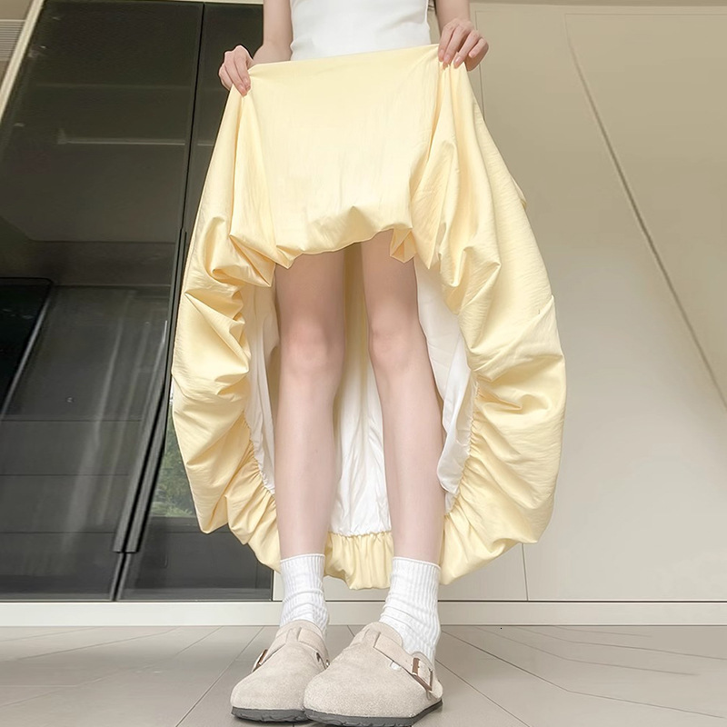 2025 Flower Bud Half Skirt for Women, Summer Thin Ice Silk Lantern Skirt, Gentle Mid-Length High Waist A-Line Cloud Puff