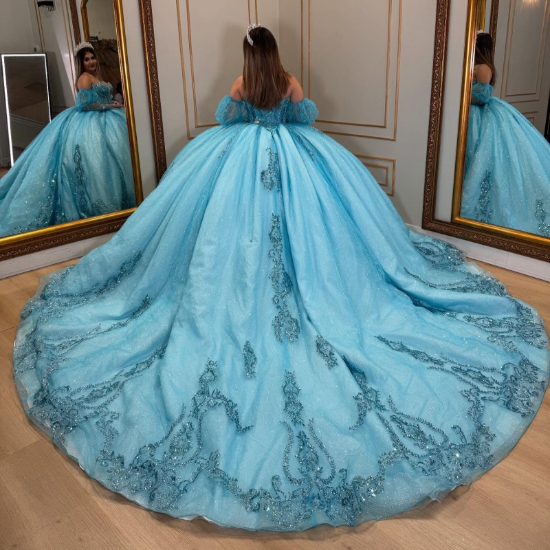 Blue Shiny Quinceanera Dresses Ball Gown Off The Shoulder Applique Lace Beading Crystal Tull Corset Party Birthday Puff Sleeve Sweet 16 Dress Vestidos