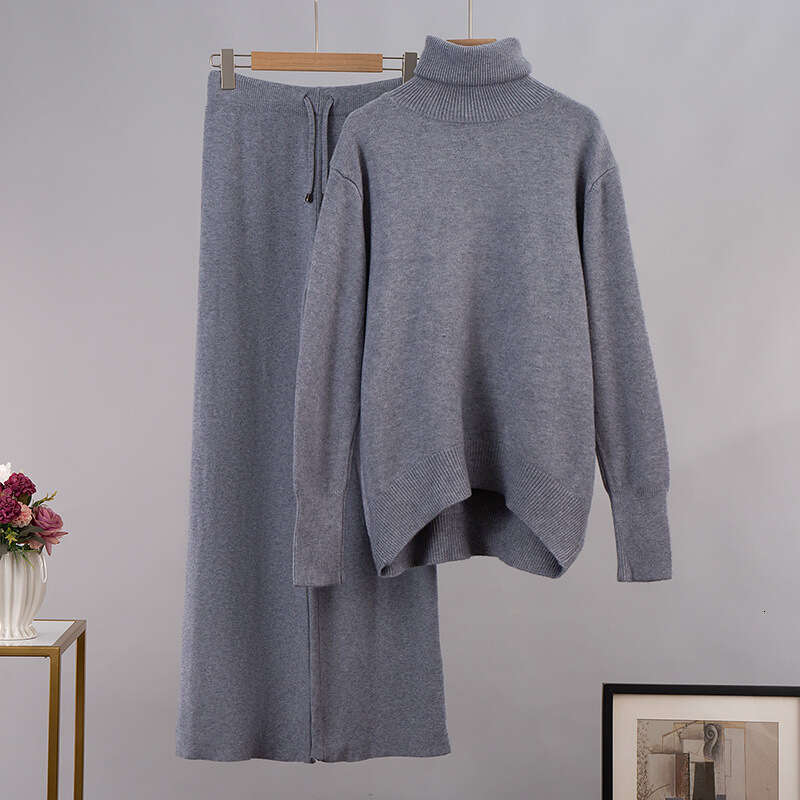 Solid Color Turtleneck + Wide-Leg Pants Knitted Two-Piece Set Winter Versatile Loose Sweater Outfit B5