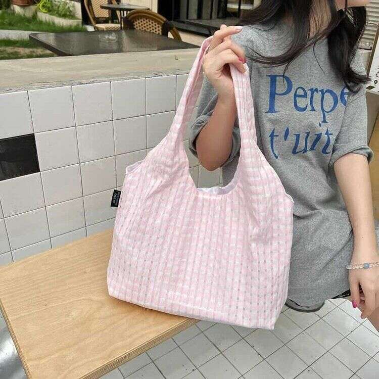 Summer New Candy Color for Women Plaid Canvas Korean Style Ins Fresh Literary Simple Women's Shoulder Bag