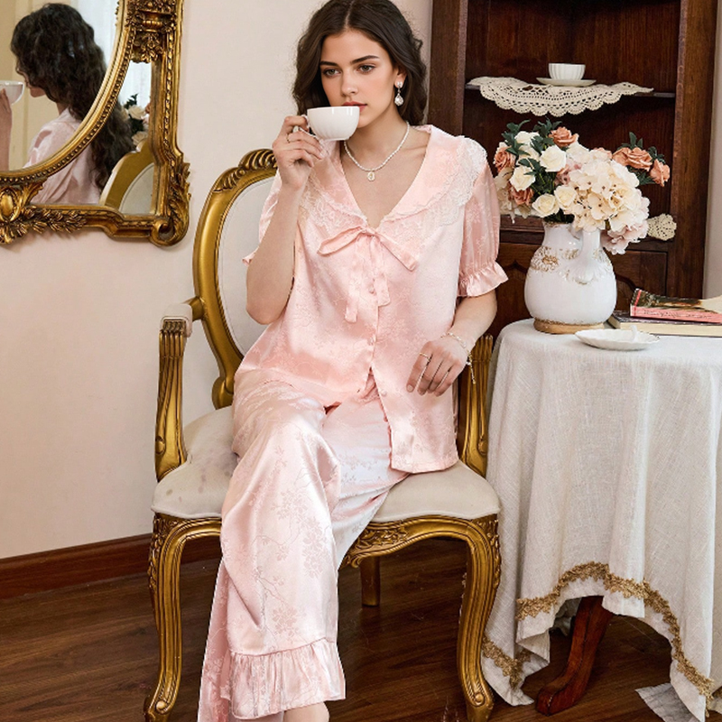 2025 New Women's Spring/Summer Silk Satin Lace Trim Bow Short Sleeve Long Pants Pajama Set Homewear