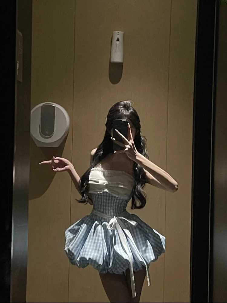 Korean Style Kawaii Retro Plaid Women Dress Fashion Party Sexy Strapless Bud Dress Summer Vintage Y2K Design Sense Mini Dress New R250716