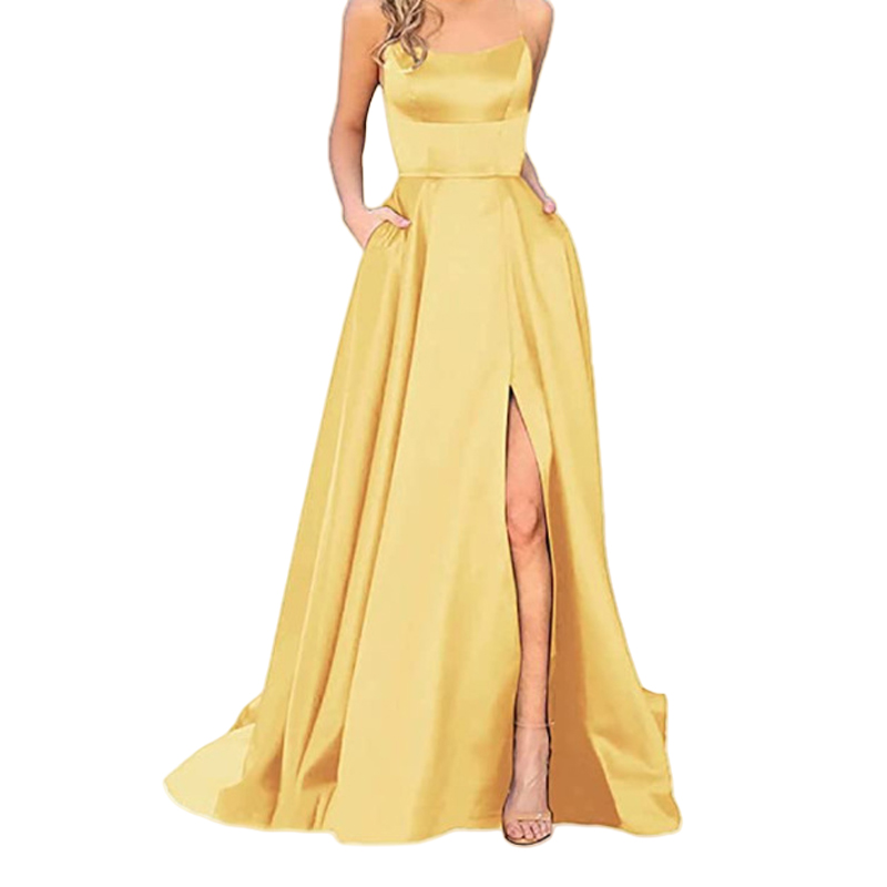Casual gold mermaid prom gown elegant champagne bridesmaid dresses a line spaghettilong maxi maid of honor gowns wedding guest party