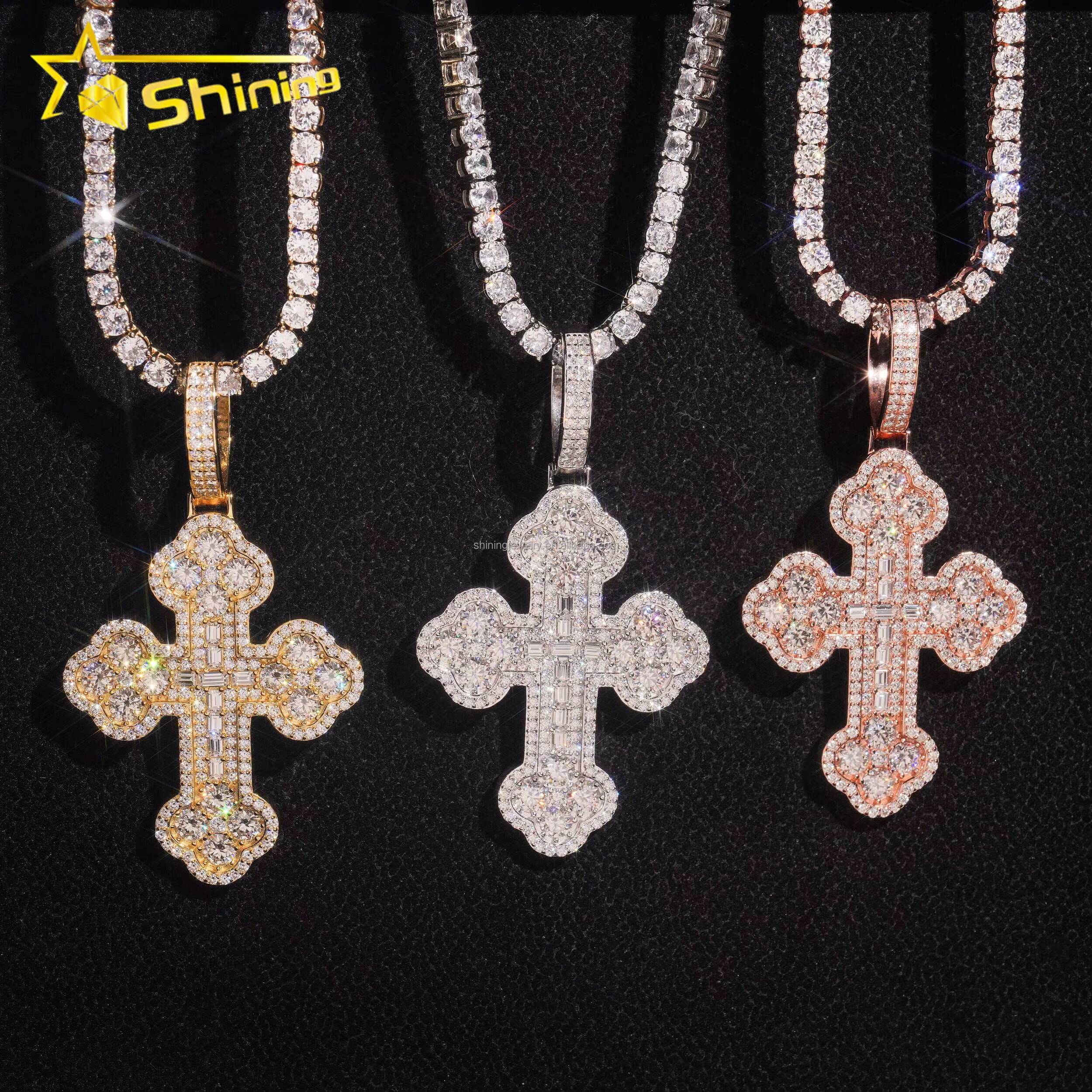 GRA Certificate New Arrivals Bulk Stock Hip Hop Stylish Man VVS1 Moissanite Baguette Diamond S925 Silver Iced Out Cross Pendant