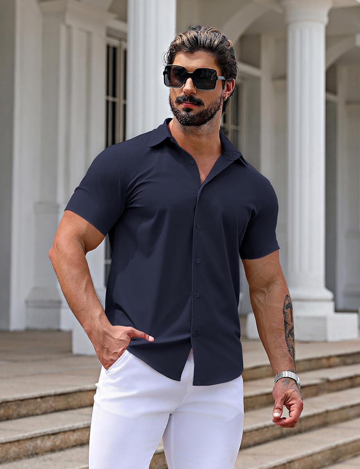 Men's Muscle Dress Slim Fit Stretch Short Sleeve Casual Button Down Shirts for Men